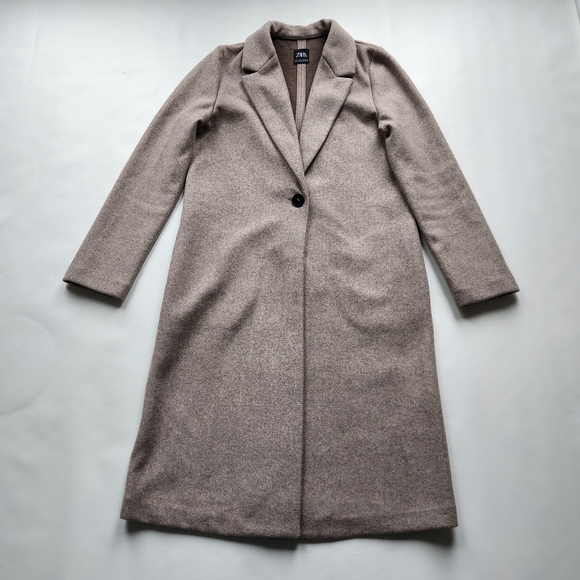 Zara Long Tan Coat With Button - Picture 2 of 15